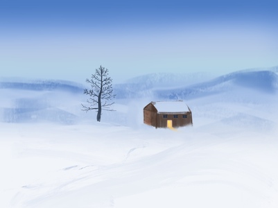 Зимний пейзаж с домиком