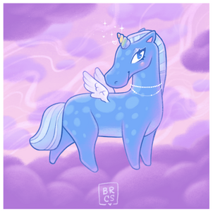 Смешной единорог на розовом облаке