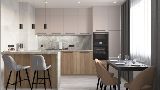 Кухня-столовая в светлых тонах с камнем и деревом