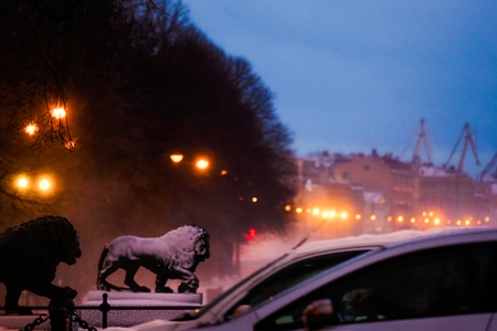 Санкт-петербург ночной пейзаж пристань спуск со львами