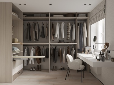 Спальня с гардеробной комнатой в современном стиле